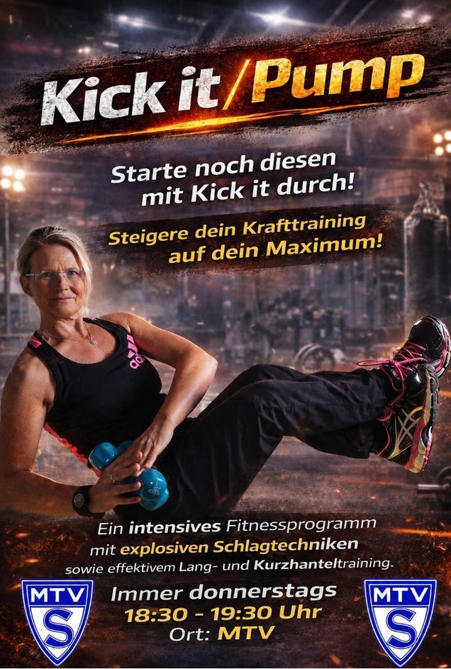 Flyer Kick it / Pump – Fitnesskurs beim MTV Salzgitter in Salzgitter-Bad, donnerstags 18:30–19:30 Uhr