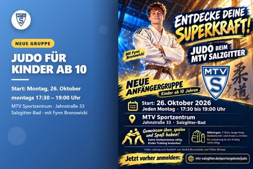 Judo für Kinder ab 10 beim MTV Salzgitter – neue Anfängergruppe, Start 26. Oktober 2026