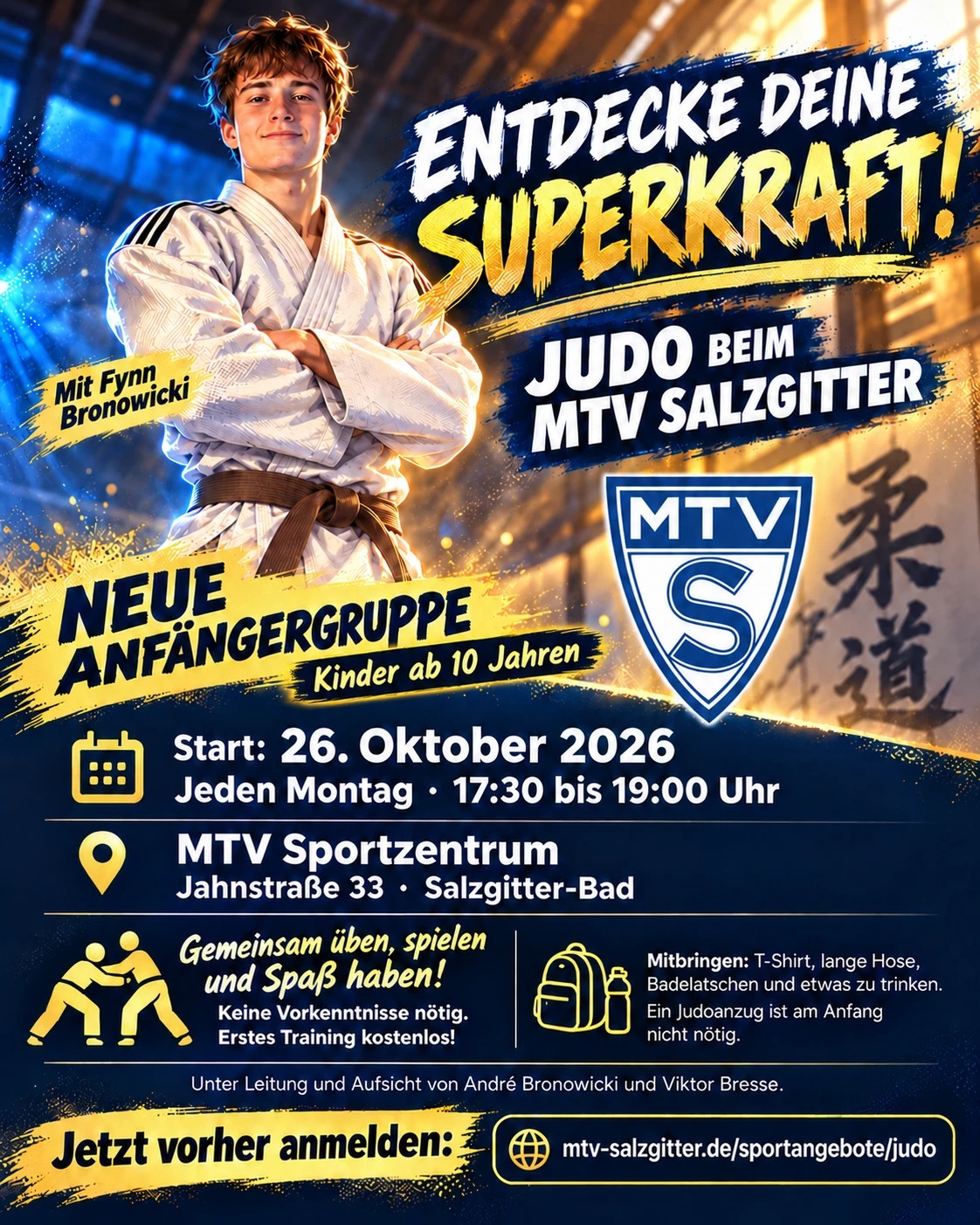 Judo f&uuml;r Kinder ab 10 beim MTV Salzgitter &ndash; neue Anf&auml;ngergruppe mit Fynn Bronowicki, Start 26. Oktober 2026